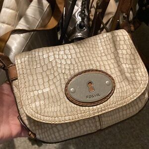 Vintage Fossil Cream Croc-Embossed Crossbody Bag